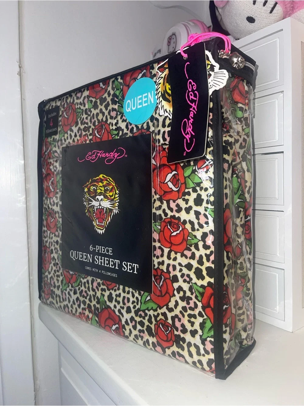 NWT Ed Hardy Queen Sheet Set with Red Rose & Leopard Print - Black/Cream/Red